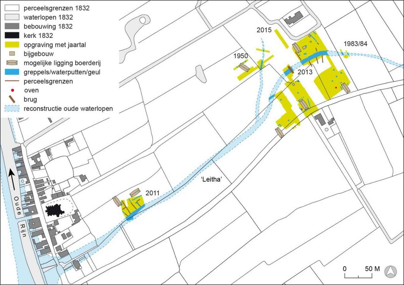 Reconstructie van loop van beschoeide geul van de ‘Leitha’ rond 800 na Chr. op basis van diverse opgravingen, gecombineerd met kaart van Leiderdorp in 1832